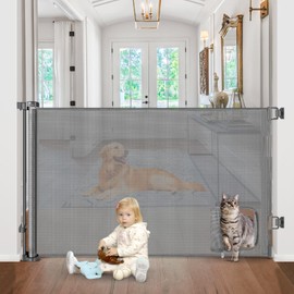 Retractable Baby Gates with Cat Door 80" Wide Retractable Dog Gate with Pet Door Outdoor Retractable Gate for Dogs Retractable Pet Gate with Door Mesh Baby Gate Retractable Mesh Dog Gate (Gray)