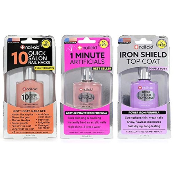 Nail-Aid 3pk Of 10 Quick Hacks + 1 Minute Artificials + Iron Shield Top Coat, Clear, N/A, 1.65 Fl Ounce