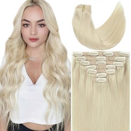 Caliee 14 Inch Clip in Hair Extensions Human Hair Color 60A Platinum Blonde Double Weft Real Hair Extensions Clip in 7Pcs Human Hair Extensions Lace Straight Invisible Clip in Hair Extension 120G