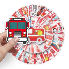 50Pcs Fire Truck Stickers,Cute Cartoon Fire Fighting Engine Vehicles Vinyl Waterproof Decals,Party Decor Water Bottle Laptop Refrigerator Skateboard Sticker