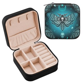 ZZKKO Moth Dead Head Small Jewelry Box Travel Jewelry Case Leather Jewelry Travel Organizer Mini Portable Storage Boxes for Womens Rings Necklaces Gifts Black