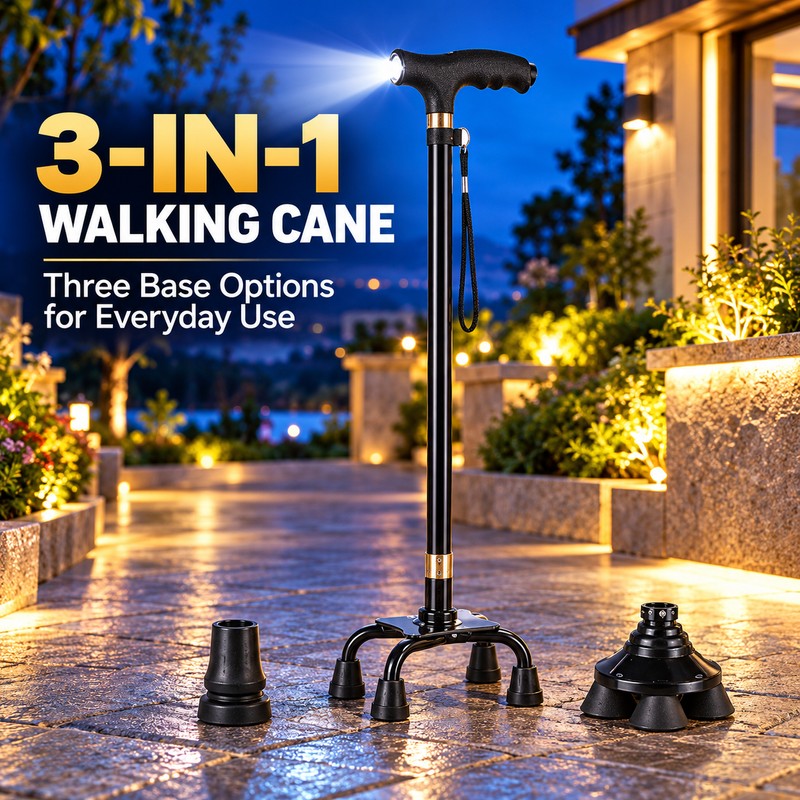 3-in-1 Adjustable Elders Walking Cane for Daily Mobility – Interchangeable