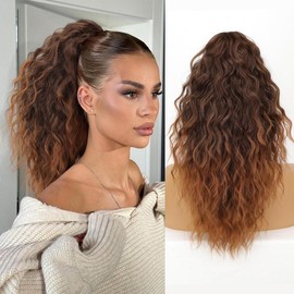 Isaic_hair Claw Long Wavy Ponytail Extension Black Brown 30" Curly Pony Tail Clip in Hair Extensions for Women Fluffy Natural Looking Synthetic braiding hair:_Ombre Burgundy Claw clip Ponytails_30inch
