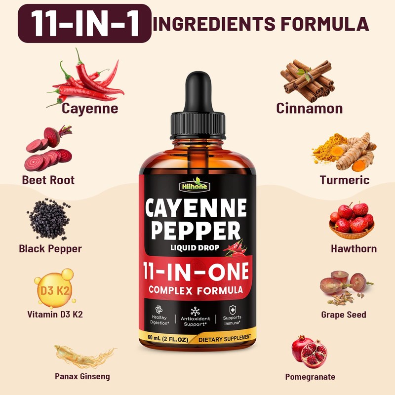 HIIHONE 11-in-1 Cayenne Pepper Drops - Herbal Supplement with Hawthorn,