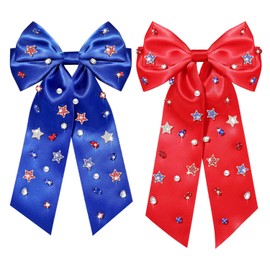 4th of July Accessories Hair Bows for Women Red White and Blue Silky Satin Hair Bows Jeweled American Flag Star USA Hair Bow Clips Fourth of July Patriotic Hair Accessories Outfits Party Favors Gifts