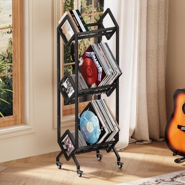 3 Tier Vinyl Record Storage Rack, Mobile Black Metal LP Storage Display Stand with Casters, Large Capacity Record Holder for Albums, Books, Magazines, and Office Files