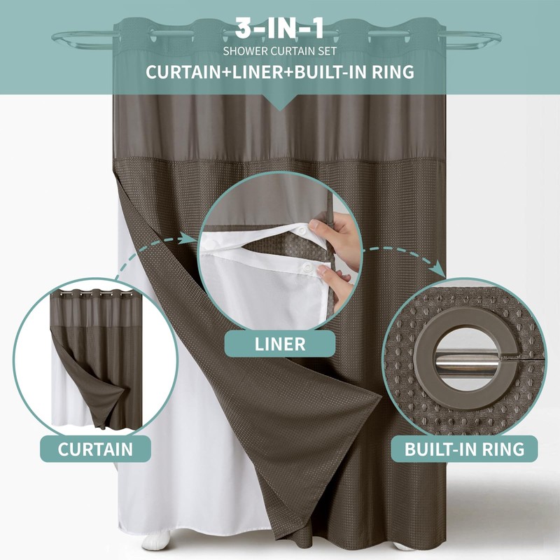 eachope Brown No Hook Waffle Weave Shower Curtain with snap-in