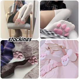 SIROLISA Cat Paw Socks, Thigh High Soft 3D Paw Pad Toe Beans Stockings for Women Cat Cosplay(1 Pair White)
