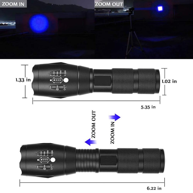 GaiGaiMall Blue Light Flashlight Single Mode Zoomable Waterproof Led Blue