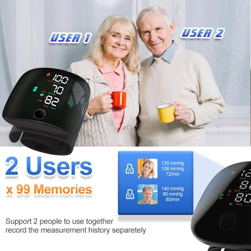 LED Blood Pressure Monitor Wrist Rechargeable Voice Broadcast Heart Rate