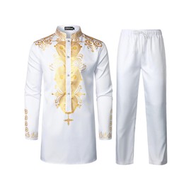 ZEROYAA Men's Africa Suit Long Sleeve Button Down Print Dashiki and Pants Outfit Arab India 2 Piece Set Gold White XX-Large