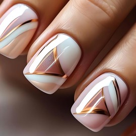 SINSEN 24Pcs Short Press on Nails Square Shape Fake Nails, Full Cover Gold Geometric Stripes Acrylic False Nails, Cute Artificial Stick on Static Nails for Women&Girls