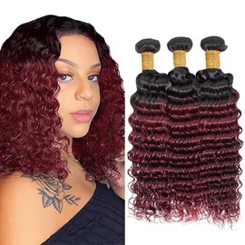 GLSMOSNW 1B/99j Bundles Ombre Burgundy Bundles Deep Wave Human Hair 08 10 12 Inch Burgundy Loose Deep Wave Hair Extensions Two Tone Black And Wine Red
