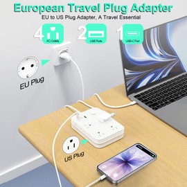 European Travel Plug Adapter, European Power Strip with 4 AC Outlets 1 USB C and 2 USB Ports, Europe to US Plug Adapter Type C for EU Germany France Spain Italy Travel (3ft)