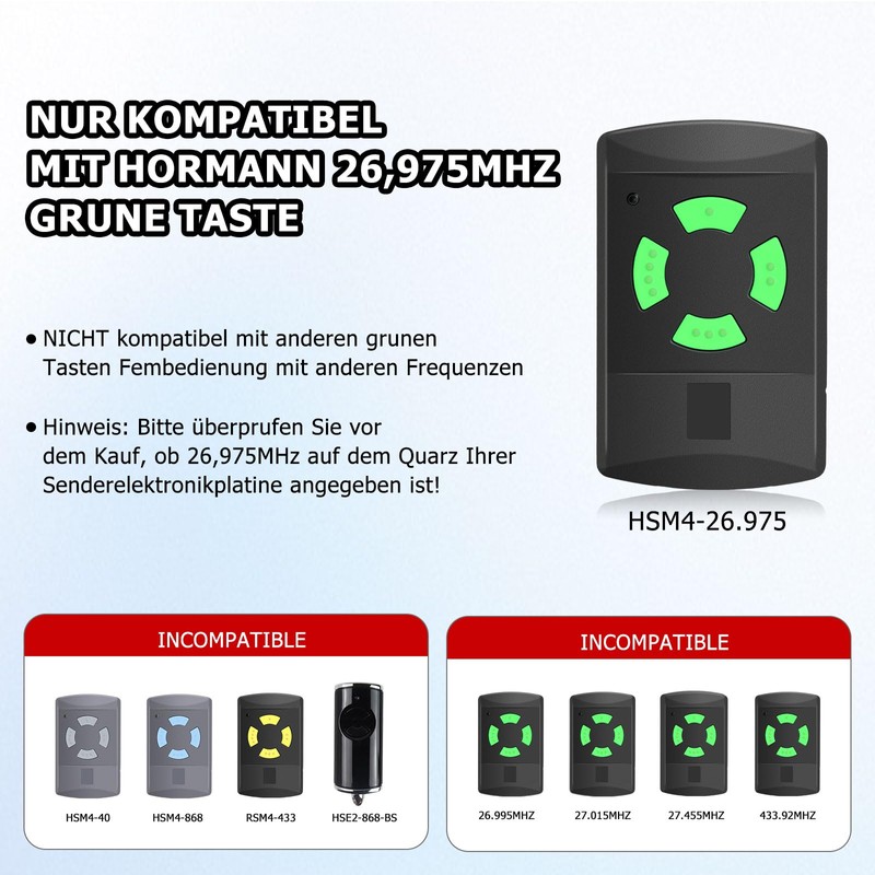 Replacement for Hörmann Handheld Transmitter hsm4 437230, Remote Control Self-Learning