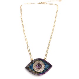 LESLIE BOULES Handcrafted 18K Gold-Plated Turkish Eye Pendant Necklace with Multicolored CZ Stones