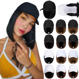 Qlenkay Baseball Cap with Hair 14in Short Hairstyle Straight Bob Non-Detachable Adjustable Black Hat Wig Attached Medium Brown Hairpiece for Women