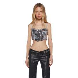 Dolls Kill Mirror Ball Dancer Bustier Top by Club Exx – Shimmering Sequin Bustier for Festivals & Parties - Large Silver