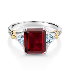 Gem Stone King 925 Silver and 10K Yellow Gold Red Garnet and Sky Blue Aquamarine and Diamond Engagement Ring For Women (4.26 Cttw, Emerald Cut 10X8MM, Trillion 3.5MM) (Size 5)