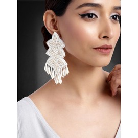 Aheli Royal Glamour Embroidered White Pearl Lightweight Geometric Statement Earrings Danglers Gift for Women