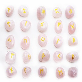 Rose Quartz Rune Stones Set Healing Norse Runes with Pouch & Guidebook - for Self-Love, Relationship Harmony, Tarot Reading & Spiritual Gifts (25PCS Pink Crystal)