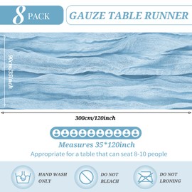8 Pack Cheesecloth Table Runner 35 x 120 inch Long Boho Cheese Cloth Gauze Table Runners Semi Sheer 10FT Table Runner for Wedding Decor, Bridal Shower, Birthday Party, Table Decor (Light Blue)