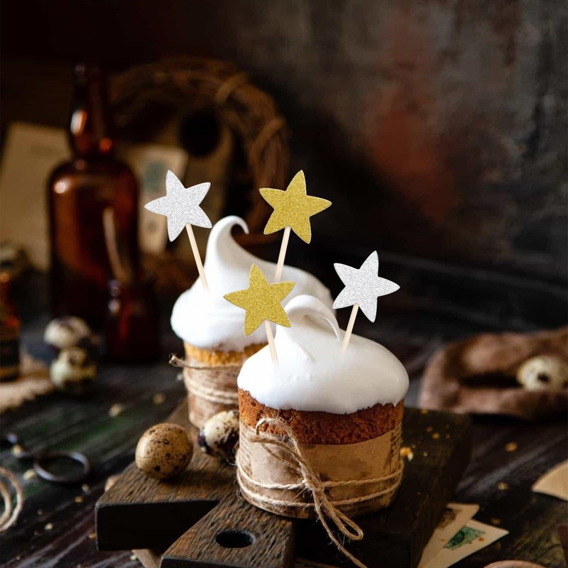 Pistha 50 Pcs Star Cupcake Toppers Glitter Twinkle Star Cupcake
