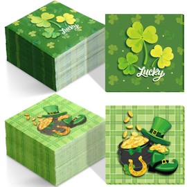 100 Pcs St. Patricks Day Napkins Paper Green Shamrock Lucky Cocktail Napkins Green Clover Plaid Gold Coin Hat Boot Disposable Beverage Napkins for Irish Party Supplies Favors Table Decoration