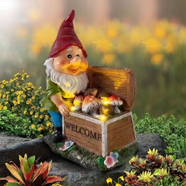 ZOKBOM Gnome Garden Statue, Outdoor Christmas Garden Gnomes Ornaments with 3 Solar Mushroom Lights, Waterproof Resin Gnomes Garden Figurine for Patio Yard Lawn Housewarming Xmas Gifts