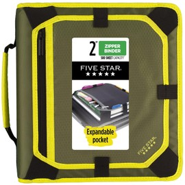 Five Star Zipper Binder, 2 Inch 3-Ring Binder with Round Rings, Expansion Panel and 5-Tab Expanding File, 580 Sheet Capacity, Olive/Citrus (290520C)