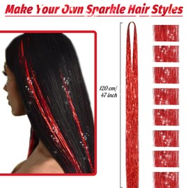 Hair Tinsel Extensions, 1200Strands Holographic Sparkle Glitter Highlights Hairpieces Colorful Straight Fairy Shiny Tinsel Long Dazzle Synthetic Hair for Women Girls Party Decoration-47Inch, Red