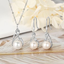 DENGGUANG Sterling Silver Pearl Jewelry Set with Moissanite, Real Freshwater Pearl Earrings Necklaces for Women, Wedding Jewelry for Brides Bridesmaid, Mother's Day