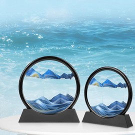 Moving Sand Art, 3D Liquid Motion Deep Sea Sandscape Color Quicksand Decor, Round Glass Flowing Sand Art Sandscapes Picture, Relaxing Desktop Home Office Work Decor, 7 inch Blue