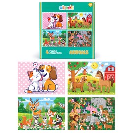 Abeec 4 Puzzle Collection - Toddler Puzzles - Puzzles For 2 Year Olds - 4 In A Box Puzzle Collection - Early Learning Toys - First Jigsaw, Cat & Dog, Horses, Forest Animals And Jungle Animal Scene