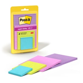 Post-it Super Sticky Notes, 4 Sticky Note Pads, Multi-Size, School Supplies, Office Products, 2X the Sticking Power, Supernova Neons Collection