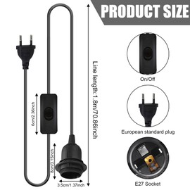 Pack of 3 Lamp Holder E27 with Cable and Switch, E27 Socket with 1.8 m Cable Screw Ring, Lamp Socket Lamp Cable with Plug for Pendant Light, Lamp Hanging, Bedroom, Dining Room