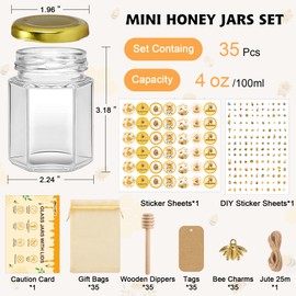 BGraceyy 35 Pack 4 oz Mini Hexagon Glass Honey Jars with Dippers, Gold Lids, Bee Stickers, Bee Charms, Gift Bags & Jute– Empty Small Honey Jars for Party Favors Bulk, Ideal for Baby Showers ＆ Weddings