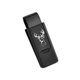 Mens Black Plated Stainless Steel Lasered Buck-Head Flip Money Clip