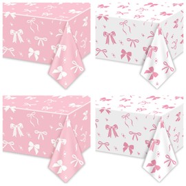 Pack of 4 Pink Bow Birthday Decorations, 130 x 220 cm White and Pink Bows Tablecloth for Girls Birthday Decorations Baby Shower Party Supplies