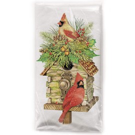 Mary-Lake Thompson Cardinals with Log Cabin Birdhouse Cotton Flour Sack Dish Towel