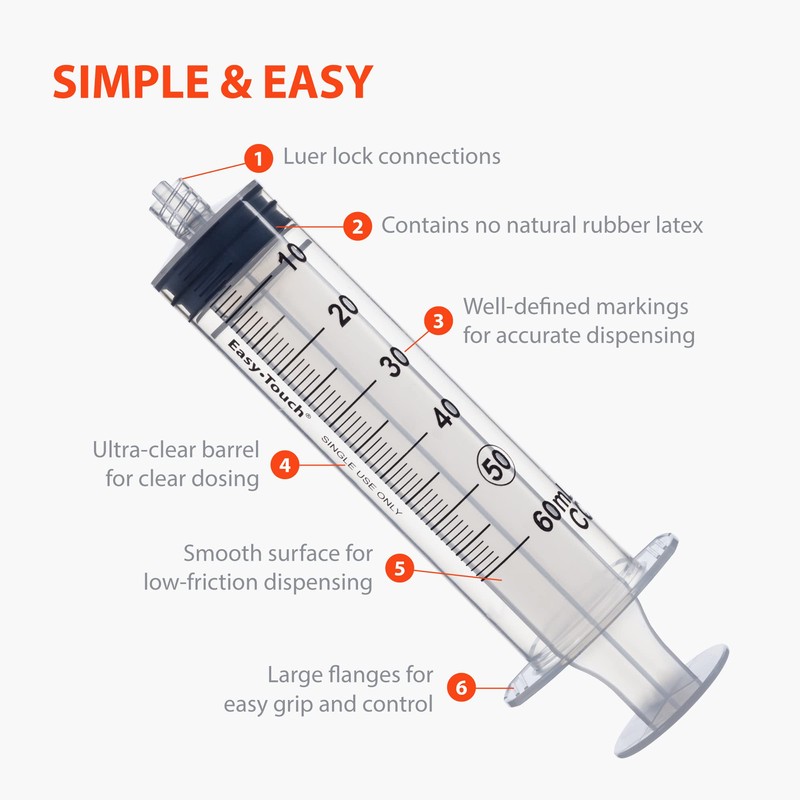 Easy Touch 60cc/ ML Luer-Lock Syringe Barrels Slip Tip