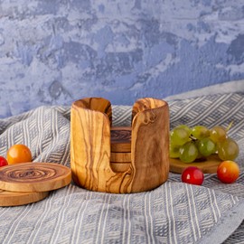 Forest Decor Olive Wood Coasters in a Non Rustic Holder - Set of 6 - Handmade Wooden Farmhouse Coaster Set for Home & Wedding Decoration - Cabin Decor Coaster Set for Table - Coasters for Drinks