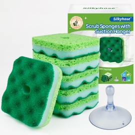 Silkyhose 6-Pack Magic Cleaning Sponges with Suction Cups - Heavy Duty 3-Layer Dual-Sided Scrub Pads for Dishes, Stains & Kitchen Surfaces - Durable Non-Scratch Scouring Pads