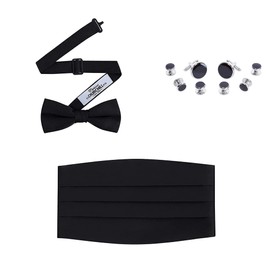 S.H. Churchill & Co. Black Bowtie, Cummerbund, Cufflinks & Studs Set – Classic Formal Accessories for Wedding, Prom, or Black-Tie Event