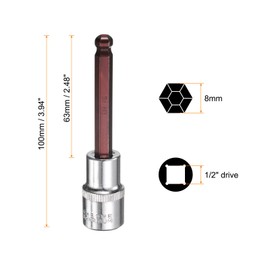sourcing map 8mm Ball End Hex Bit Socket 1/2" Square Drive Metric Extension Impact Bit Power Nut Driver Set S2 & CR-V Steel Socket Ratchet Wrench Bits