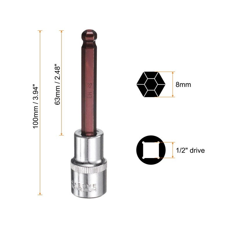 sourcing map 8mm Ball End Hex Bit Socket 1/2" Square