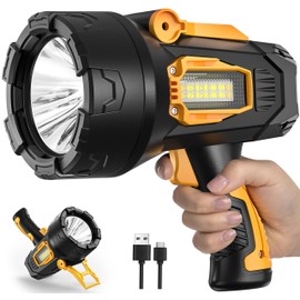 MIXILIN Rechargeable Spotlight 90,000 Lumens, Super Bright LED Spotlight Flashlight Outdoor with COB Light & Foldable Tripod, 10000ɱAh Long Lasting Large Handheld Spot Light for Boating Camping