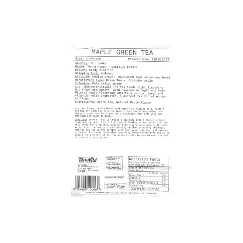 Maple Green Tea (25 tea bags, ZIN: 510097)