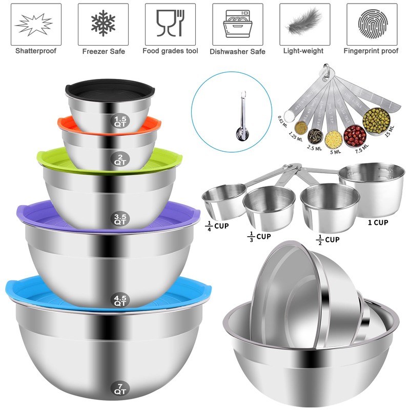 WEPSEN Mixing Bowls with Lid Set, 25PCS Kitchen Utensils Metal