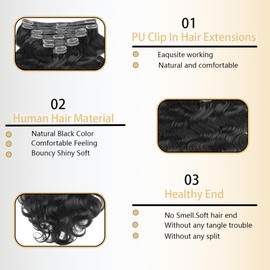 Tandulo Clip in Hair Extensions Real Human Hair Body Wave 1 Jet Black Clip in 100% Brazilian Remy Human Hair Extensions 8pcs Per Set with 18 Clips Double Weft 22 Inch 90g/3.6oz